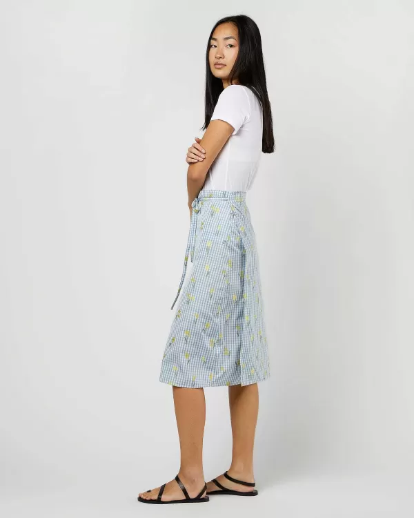 Sale Ann Mashburn Adley Wrap Skirt Blue/Yellow Fil Coup Floral Gingham Taffeta