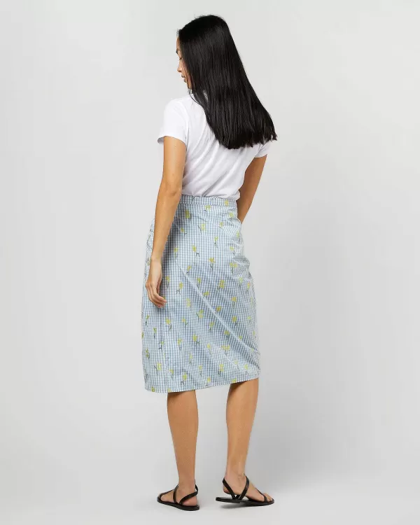 Sale Ann Mashburn Adley Wrap Skirt Blue/Yellow Fil Coup Floral Gingham Taffeta