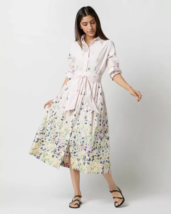 Clearance Ann Mashburn Classic Shirtwaist Dress Light Pink/Multi Floral Embroidered Poplin