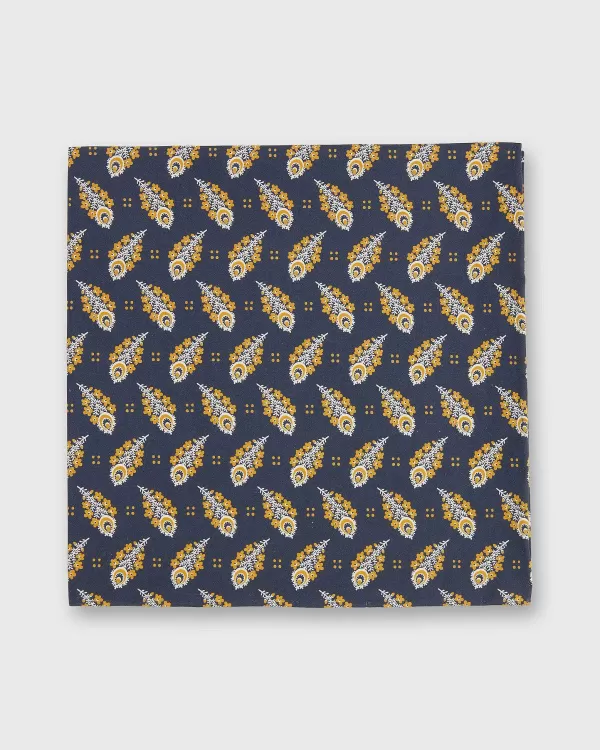 Hot Sid Mashburn Cotton Print Pocket Square Navy/Gold Paisley Feather Liberty Fabric