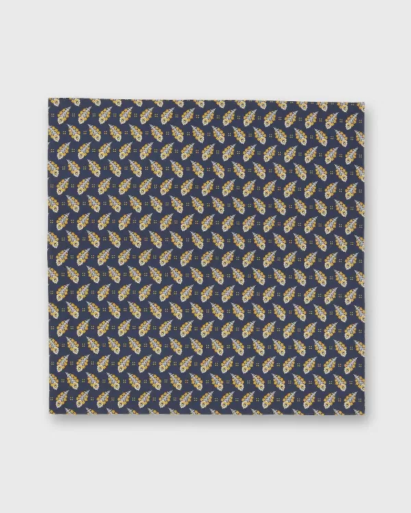 Hot Sid Mashburn Cotton Print Pocket Square Navy/Gold Paisley Feather Liberty Fabric