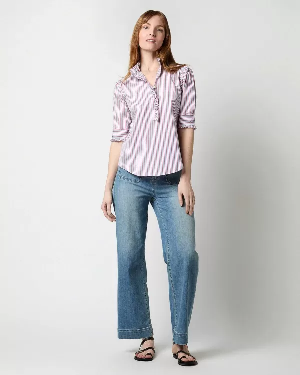 Clearance Ann Mashburn Elbow-Sleeve Frill Shirt Red/Navy Multi Stripe Poplin