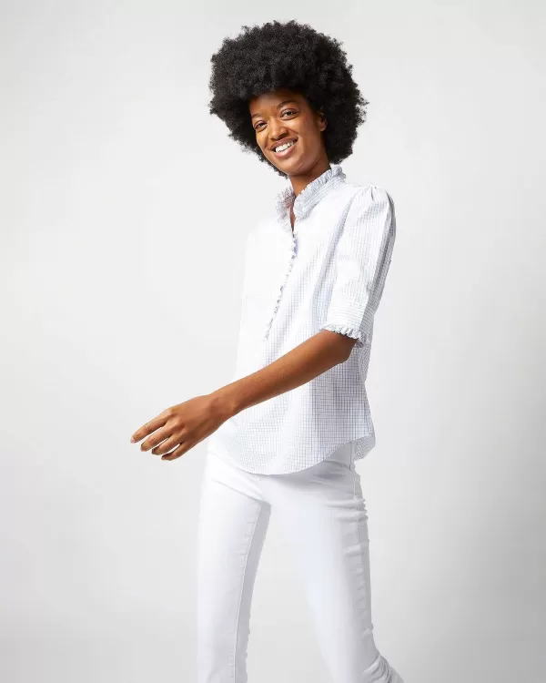 Store Ann Mashburn Elbow-Sleeve Frill Shirt White/Blue Graph Check Poplin