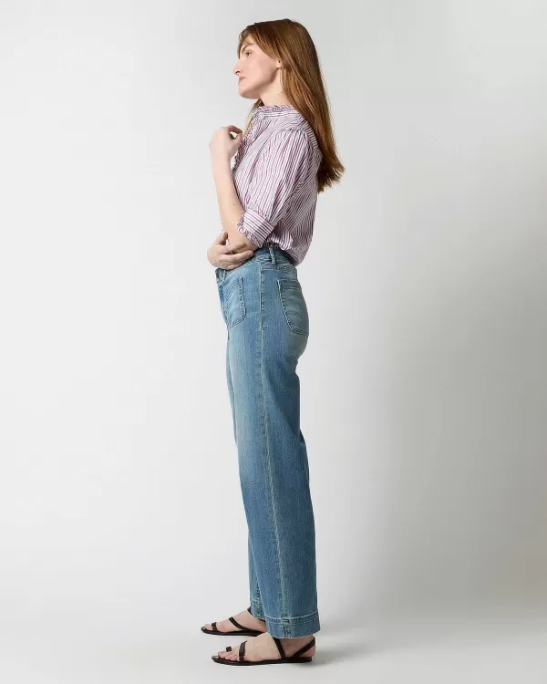 Clearance Ann Mashburn Elbow-Sleeve Frill Shirt Red/Navy Multi Stripe Poplin
