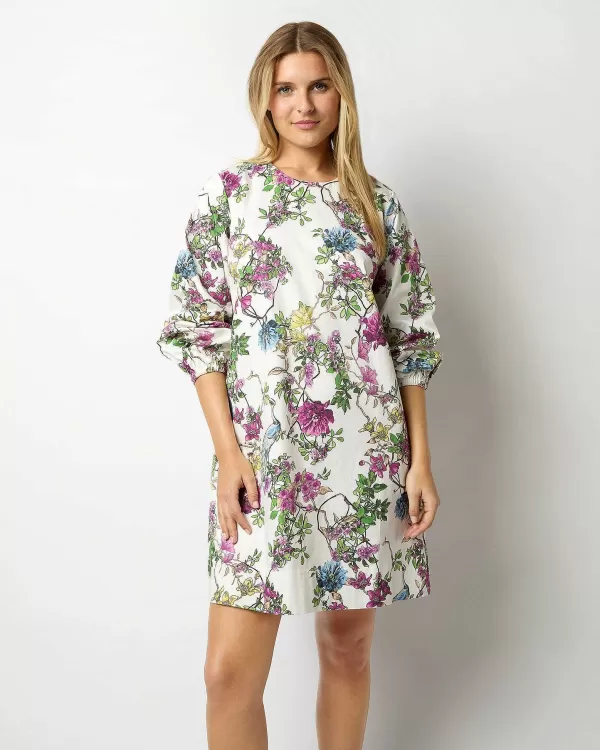 Store Ann Mashburn Francine Dress White/Multi Peacock Garden Stretch Sateen
