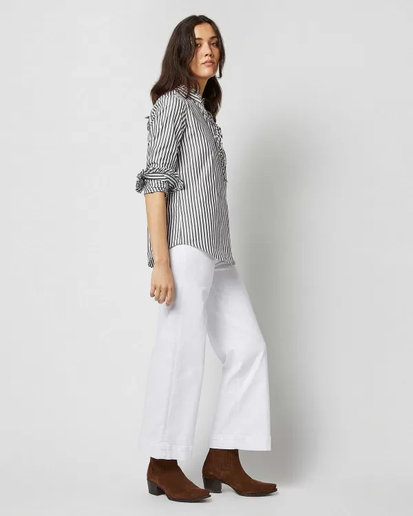 Outlet Ann Mashburn Frill Shirt Dark Olive Awning Stripe Cotton