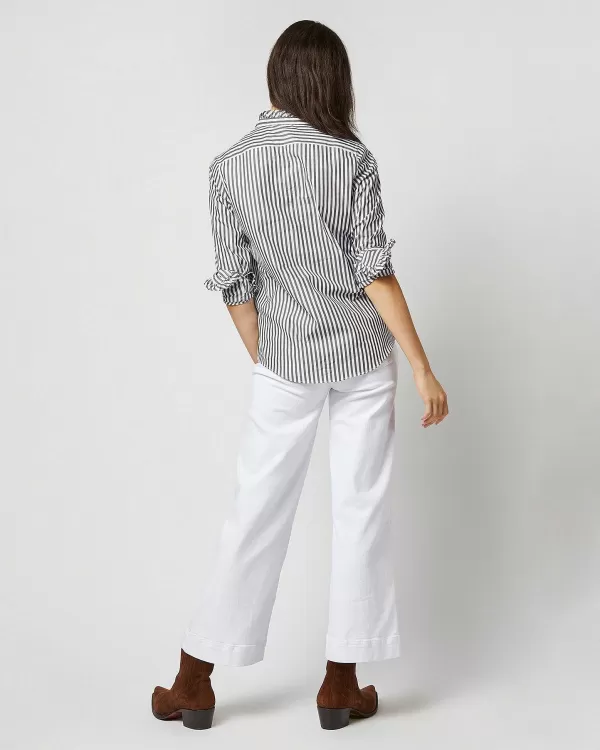 Outlet Ann Mashburn Frill Shirt Dark Olive Awning Stripe Cotton
