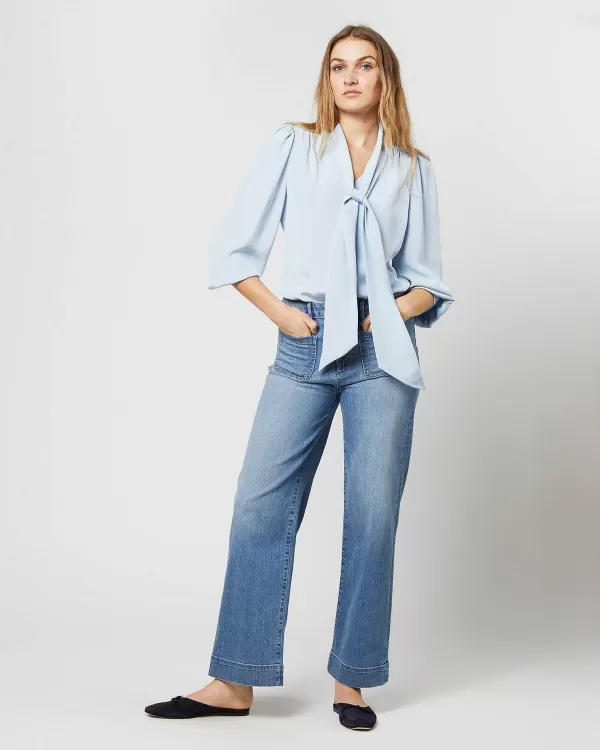 Hot Ann Mashburn Helene Tie-Neck Blouse Pale Blue Silk Crepe De Chine