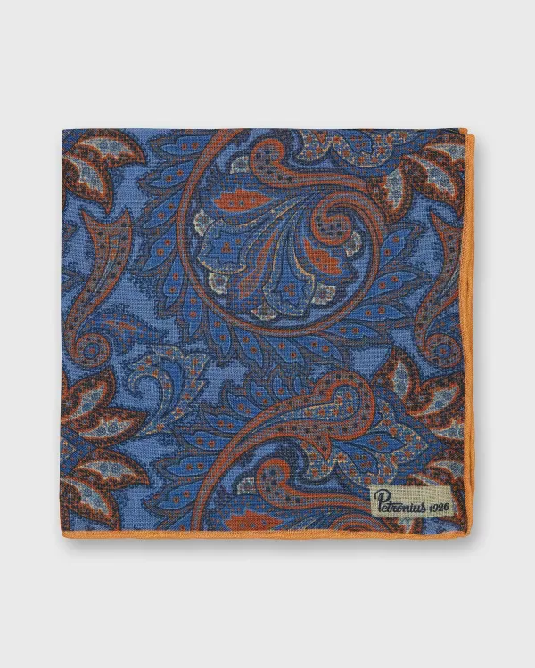 Sale Petronius Linen Print Pocket Square Blue/Brick Paisley