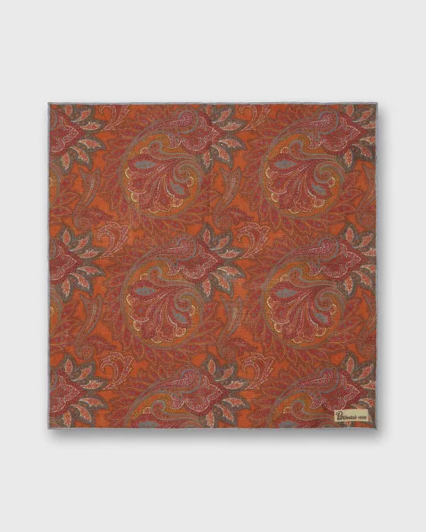 New Petronius Linen Print Pocket Square Brick/Sienna Paisley
