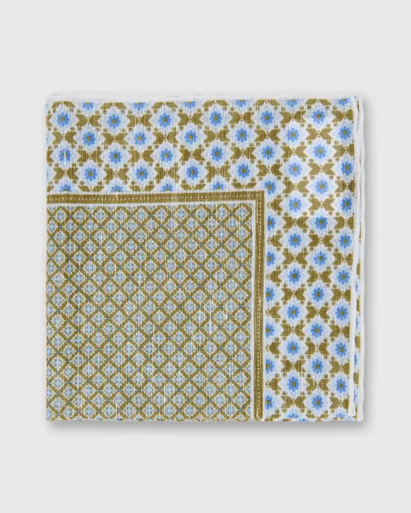 New Sid Mashburn Linen/Cotton Print Pocket Square Clover/Bone/Blue Mosaic