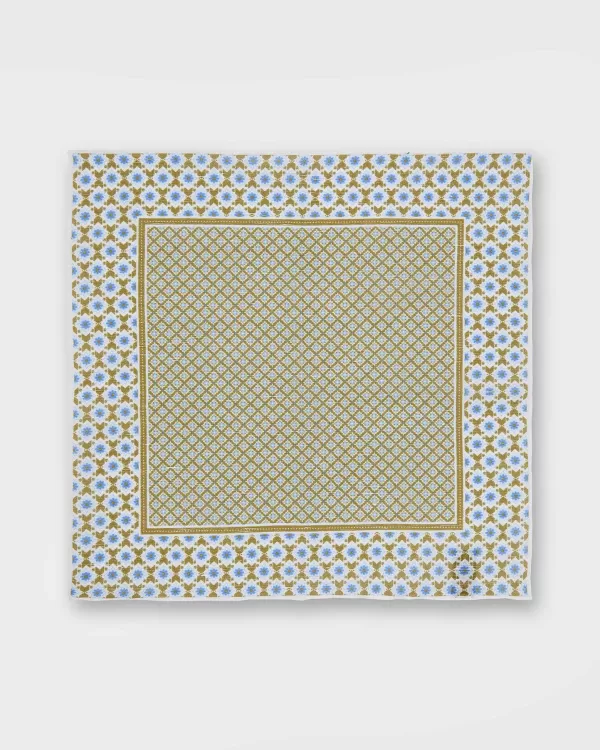 New Sid Mashburn Linen/Cotton Print Pocket Square Clover/Bone/Blue Mosaic