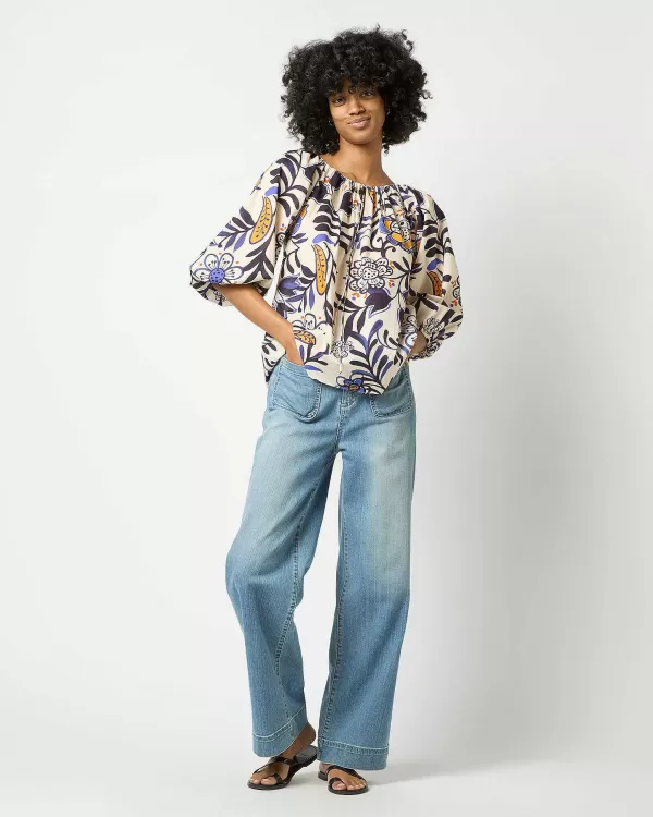 Flash Sale Ann Mashburn Lola Top Blue/Tangerine Floral Cotton Lawn