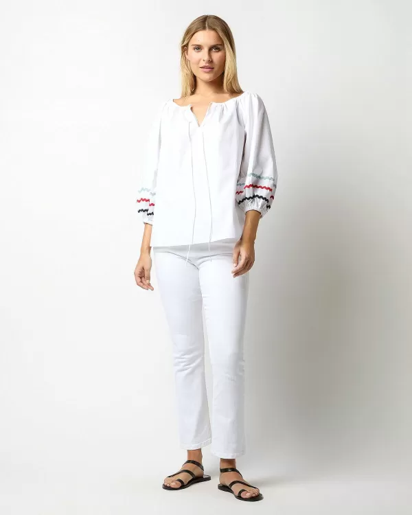 Hot Ann Mashburn Lola Top White Poplin With Sky/Red/Navy Ric Rac