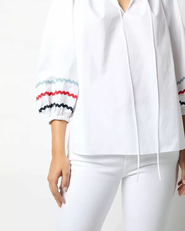 Hot Ann Mashburn Lola Top White Poplin With Sky/Red/Navy Ric Rac