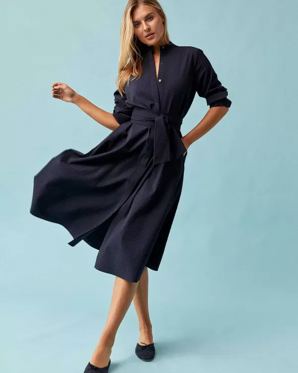 Clearance Ann Mashburn Long-Sleeved Gianna Dress Navy Wool Seersucker
