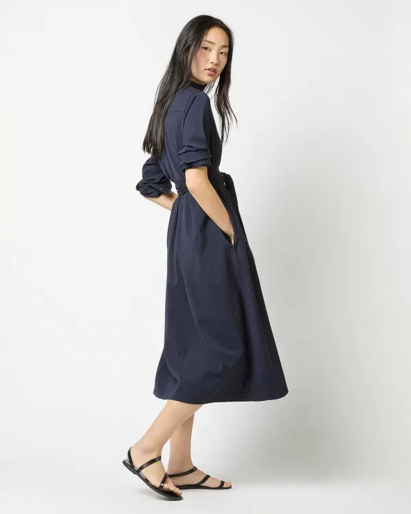 Clearance Ann Mashburn Long-Sleeved Gianna Dress Navy Wool Seersucker