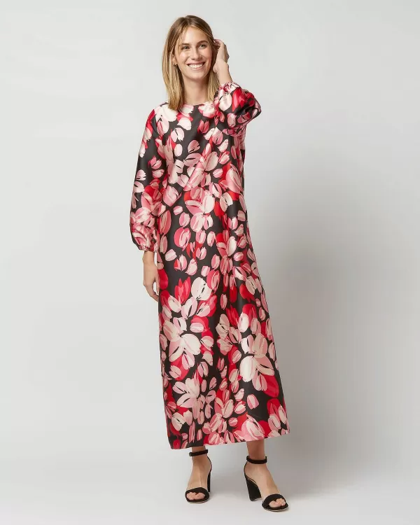 New Ann Mashburn Long-Sleeved Paige Maxi Dress Pink/Black Painterly Floral Mikado