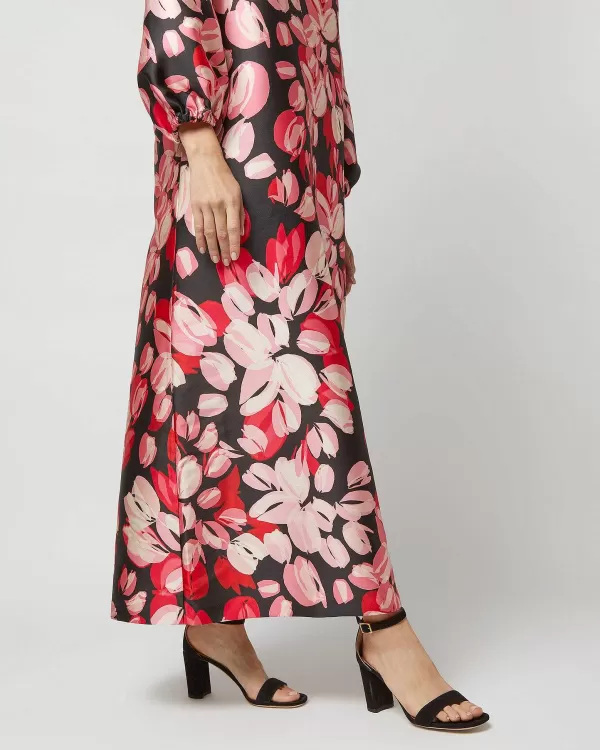 New Ann Mashburn Long-Sleeved Paige Maxi Dress Pink/Black Painterly Floral Mikado