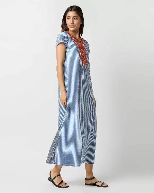 Sale Gallabia Saint Tropez Maxi Dress Blue/White Stripe With Orange Embroidery
