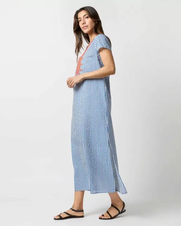 Sale Gallabia Saint Tropez Maxi Dress Blue/White Stripe With Orange Embroidery