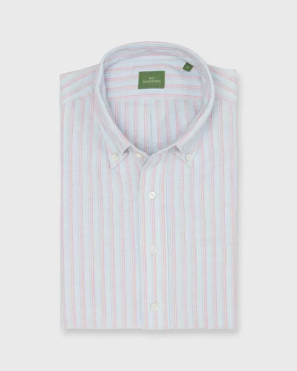 Best Sid Mashburn Short-Sleeved Button-Down Popover Sport Shirt Sky/Coral/Orange Stripe Cotolino