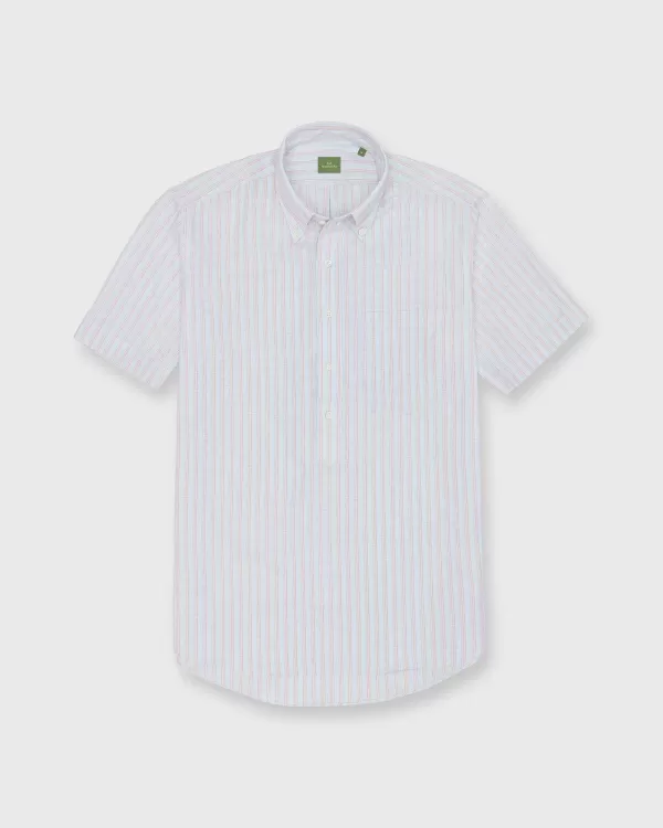 Best Sid Mashburn Short-Sleeved Button-Down Popover Sport Shirt Sky/Coral/Orange Stripe Cotolino