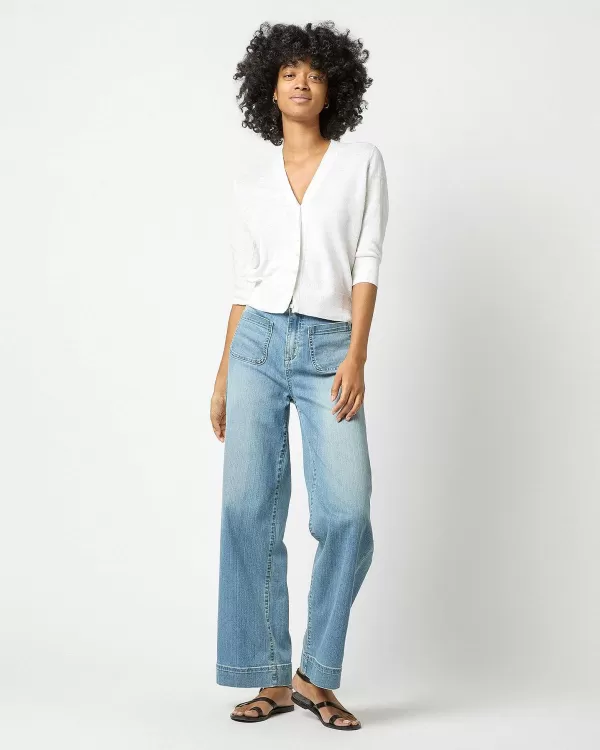 Outlet Ann Mashburn Short-Sleeved Rosie V-Neck Cardigan White Linen