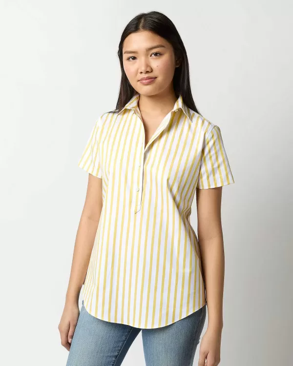 Outlet Ann Mashburn Short-Sleeved Tomboy Popover Shirt Yellow/White Twill Stripe Oxford