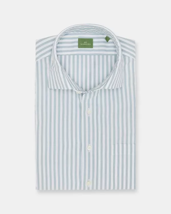Fashion Sid Mashburn Spread Collar Sport Shirt Seaglass Stripe Chambray