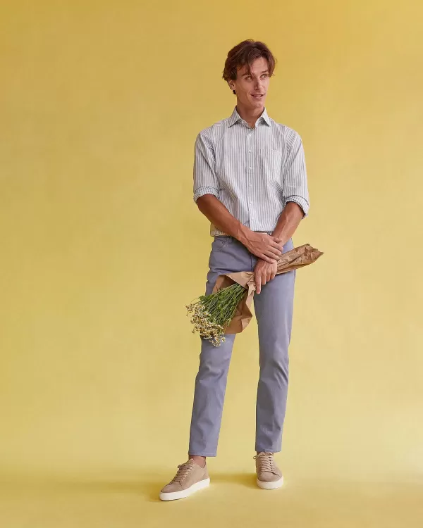 Fashion Sid Mashburn Spread Collar Sport Shirt Seaglass Stripe Chambray