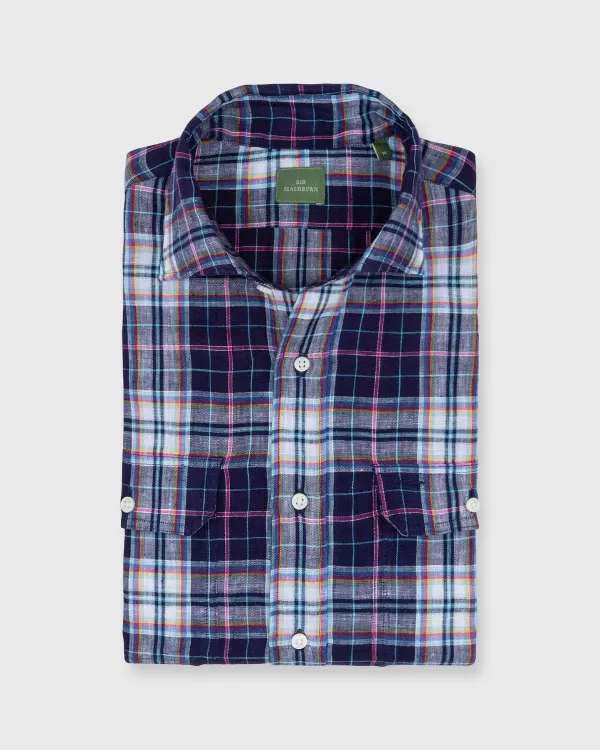 New Sid Mashburn Spread Collar Work Shirt Pink/Aqua/Navy Plaid Linen