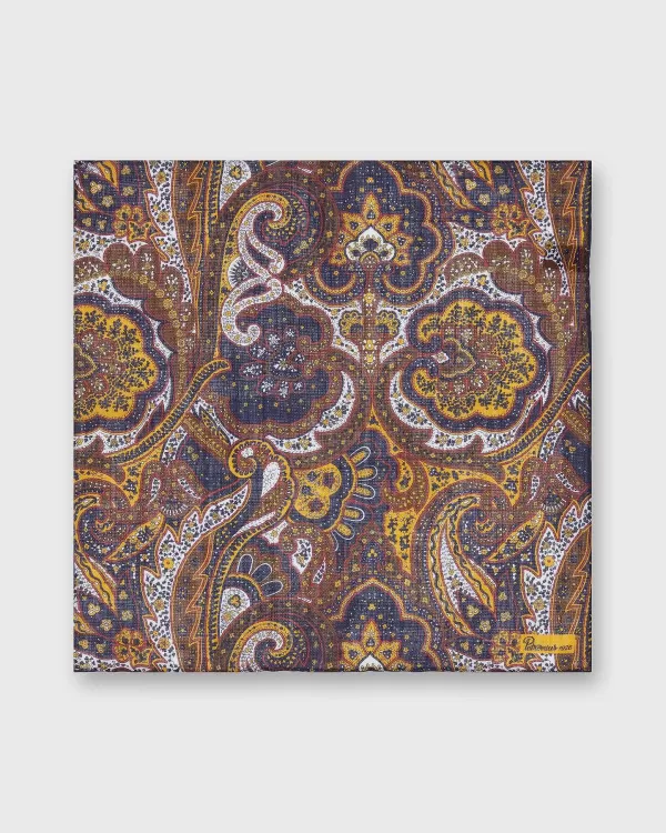 Discount Petronius Wool/Silk Pocket Square Navy/Brown Paisley